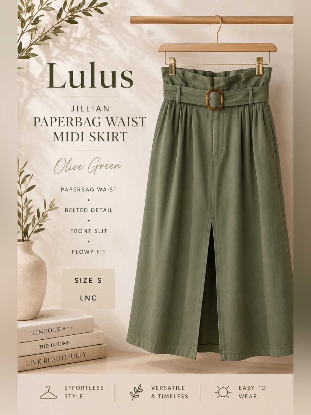 Lulus Jillian Olive Green Paperbag Waist Belted Midi Skirt Size Small